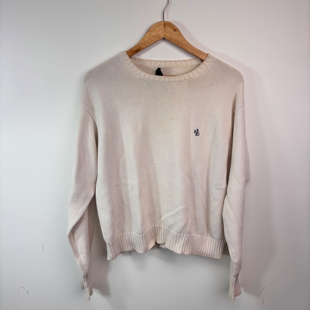 Vtg 90s Lauren Ralph Lauren Cotton Knit Sweater L Cream Cropped Preppy LRL Coppy